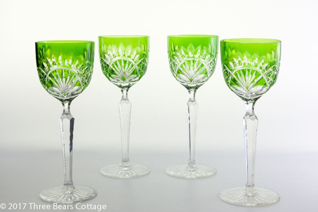 Bohemian crystal tall Wine Glass, green to clear cut (item #1222429)