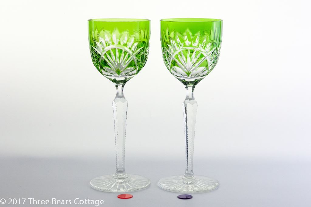 Bohemian crystal tall Wine Glass, green to clear cut (item #1222429)