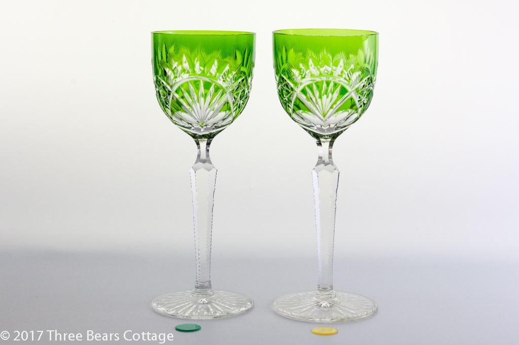 Bohemian crystal tall Wine Glass, green to clear cut (item #1222429)