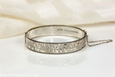 Slender Sterling Silver Bangle with Floral Engraving and Rope Edging