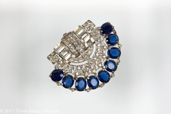 Trifari KTF Art Deco Brooch with Clear and Blue Stones