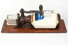 Blue and White Cast Iron Wall Mounted Coffee Grinder