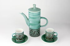Cinque Ports Green and Brown Coffee Pot with Cups and Saucers