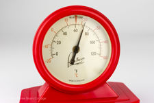 Close-up of dial of Rototherm Red Bakelite Dual Scale Desk Thermometer 