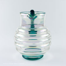 Front view of Iridescent Ribbed Glass Jug with Blue-Green Handle