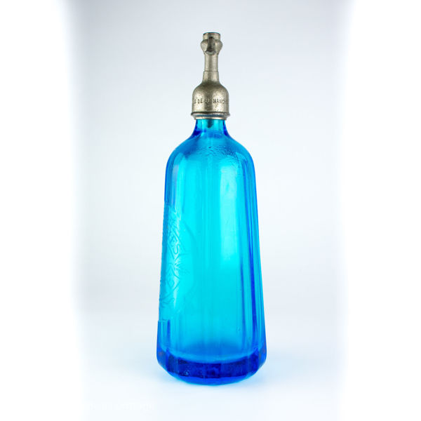 Left side view of Blue Glass Brasseries de la Manche Siphon