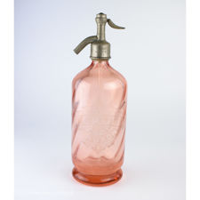 Left side view of a G Gaulin à Auxon pink glass siphon
