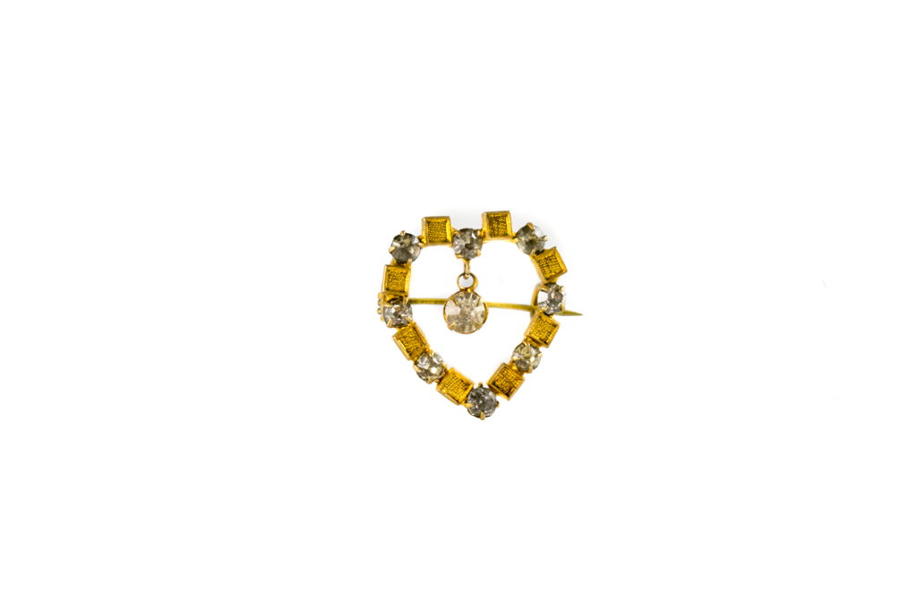 Gold Plated Heart Brooch with Crystal Pendant